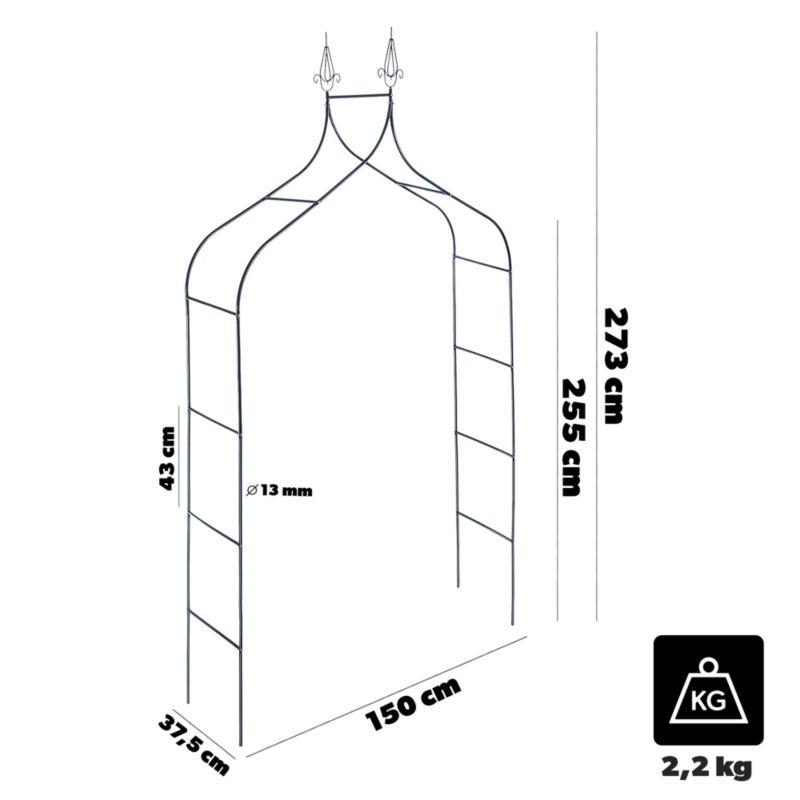 KADAX metalhavepergola 255 cm bue med blomster støtte til roser og klatreplanter 1 stk.