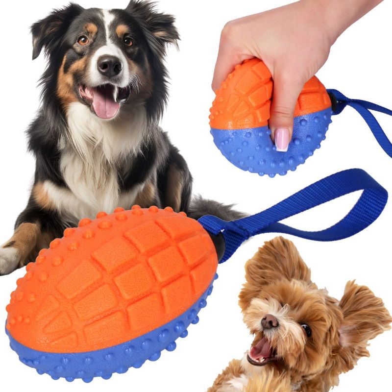 Springos pibelydende rugbybold til hund med snor, blå-orange, 1 stk.