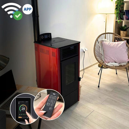 Pilleovn 8,1 kW med Wi-Fi og Termostat Rød