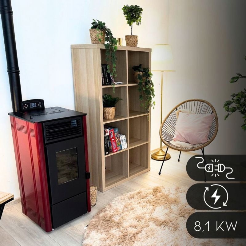 Pilleovn 8,1 kW med Wi-Fi og Termostat Rød