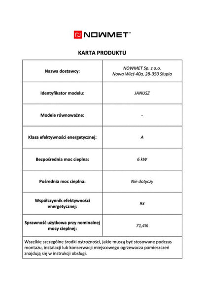 Brændeovn JANUSZ 6,1 kW 28x29x69 cm Sort