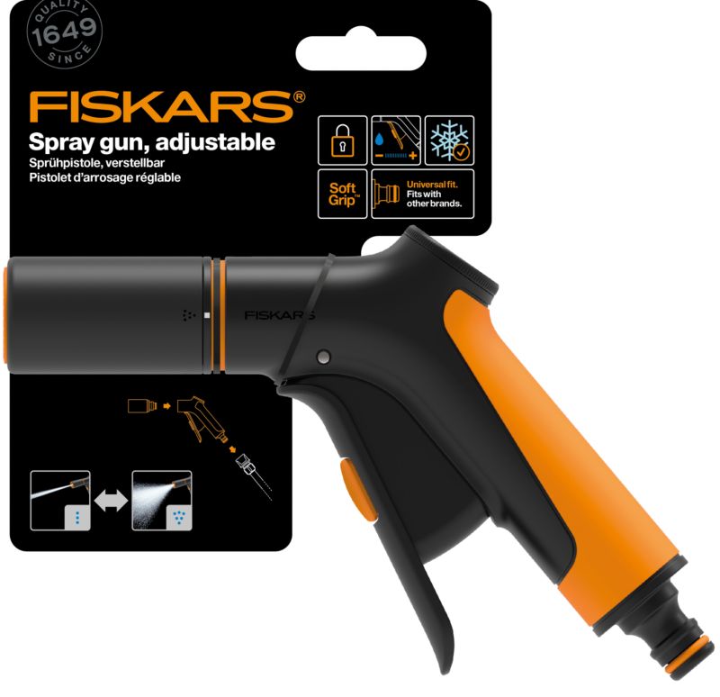 Fiskars Comfort forreste aftrækker sprøjtepistol, justerbar, sort-orange
