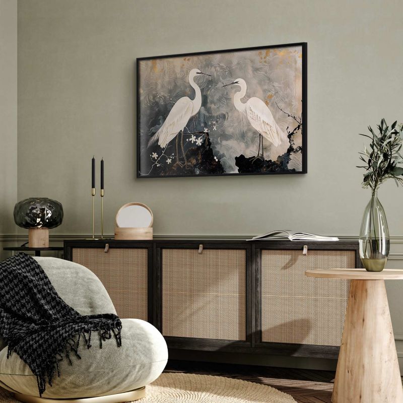 Plakat Artgeist hejrer og kirsebærblomster 30 x 21 cm med sort ramme, 1 stk