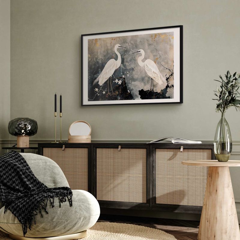 Plakat Artgeist Hægrer og kirsebærblomst 42 x 29,7 cm med sort ramme, 1 stk