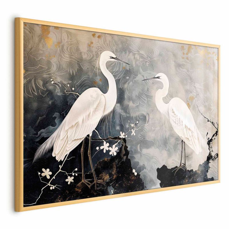 Artgeist plakat hejrer og kirsebærblomster 60 x 40 cm med guldramme, 1 stk