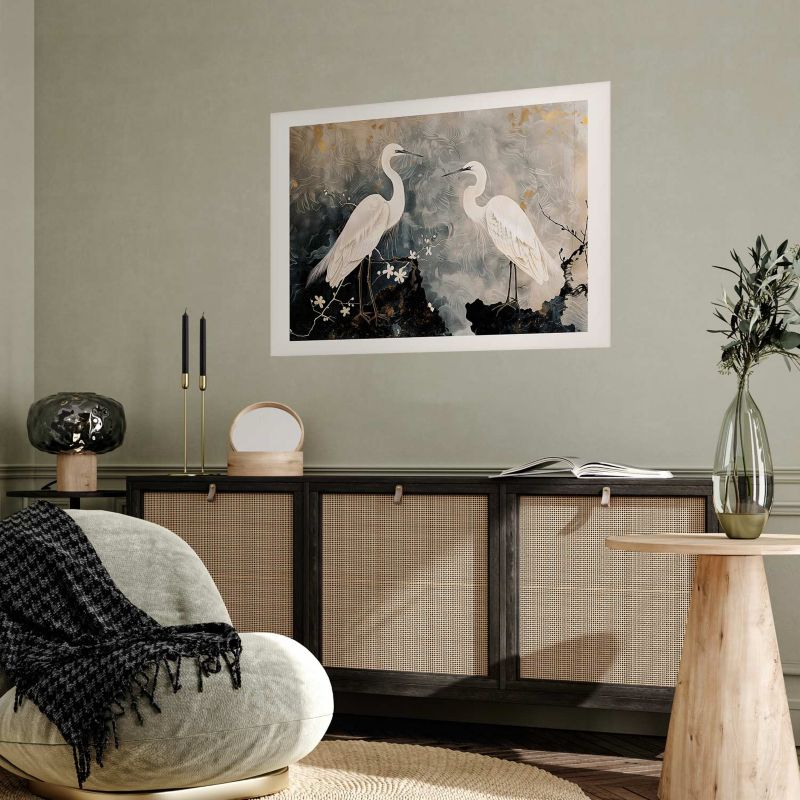 Artgeist plakat hejrer og kirsebærblomster 90 x 60 cm uden ramme, 1 stk