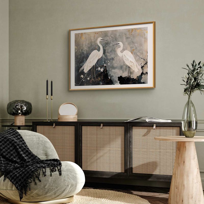 Artgeist plakat hejrer og kirsebærblomster 90 x 60 cm med guldramme, 1 stk