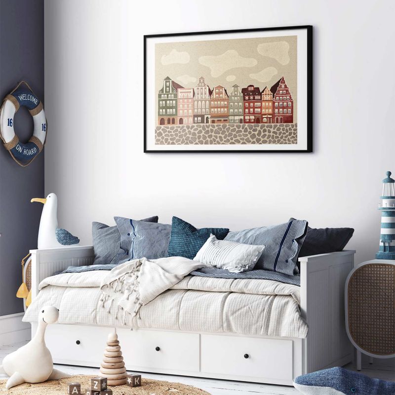 Artgeist plakat farverige facader 90 x 60 cm med sort ramme, 1 stk