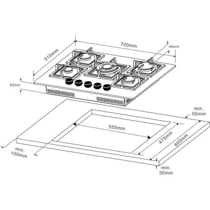 GoodHome GH78GASLK gasblusplade 70 cm med 5 brændere