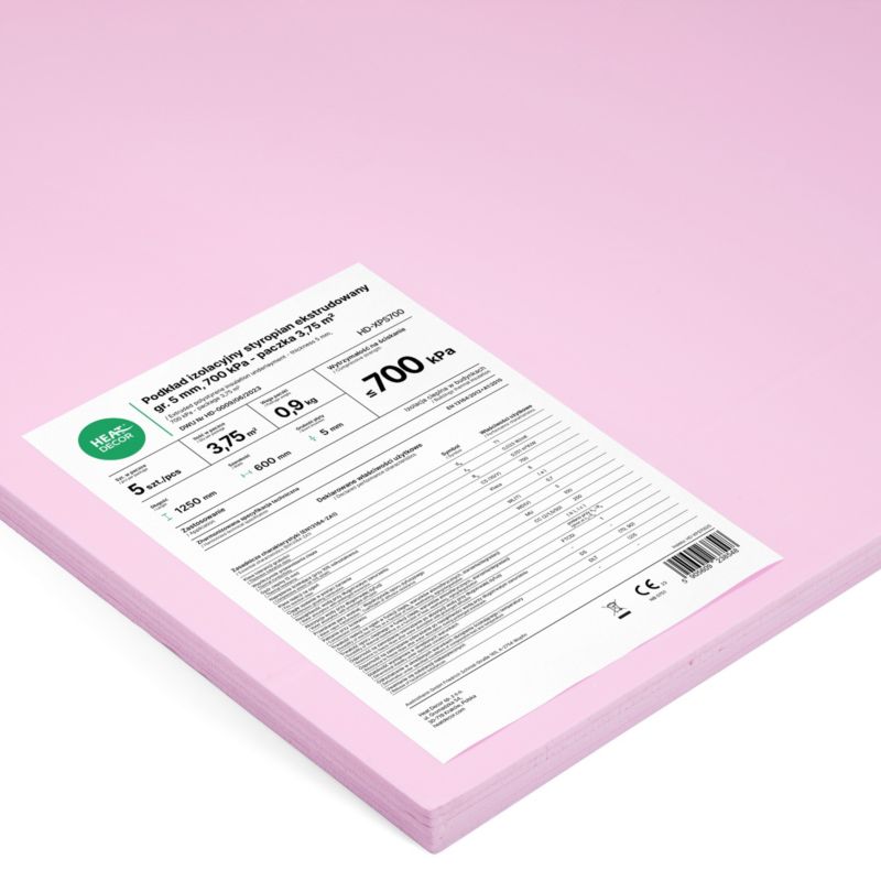Gulvisolering XPS 5 mm 700 kPa Lyserød 3,75 m²