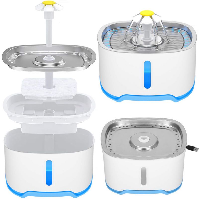 Springos kattefontæne med LED-belysning 2,5 L vanddispenser til kæledyr, hvid-blå, 1 stk.