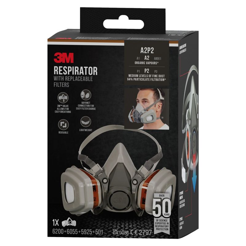 Halvmaske med udskiftelige filtre 3M 6002KIT-1 A2P2 til organiske dampe