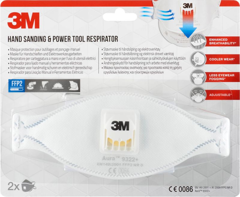 3M Aura Cool Flow 9322+ FFP2 halvmaske med ventil, komfortabel, 2 stk.