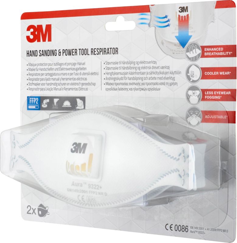 3M Aura Cool Flow 9322+ FFP2 halvmaske med ventil, komfortabel, 2 stk.