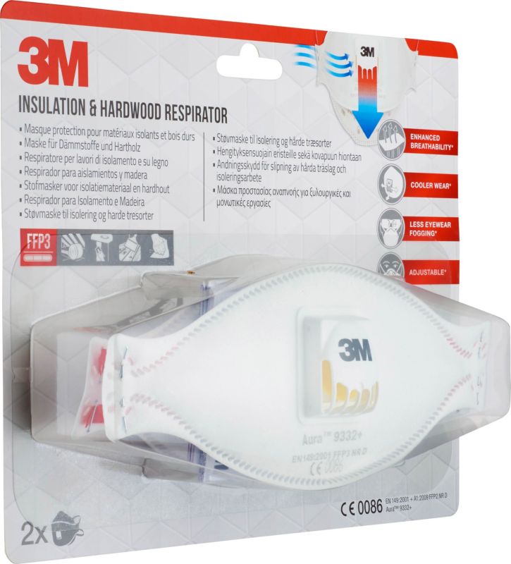 3M Aura Cool Flow 9332+ FFP3 halvmaske med ventil, komfortabel, 2 stk.