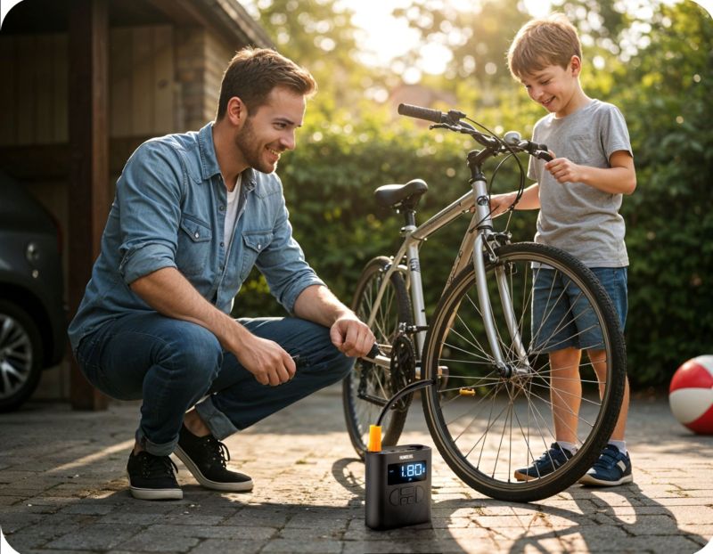 Humberg bærbar 12V akku-elektrisk cykel- og dækkompressor, 1 stk.