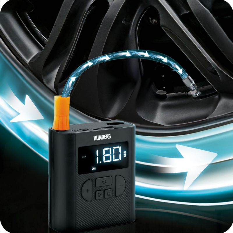 Humberg bærbar 12V akku-elektrisk cykel- og dækkompressor, 1 stk.