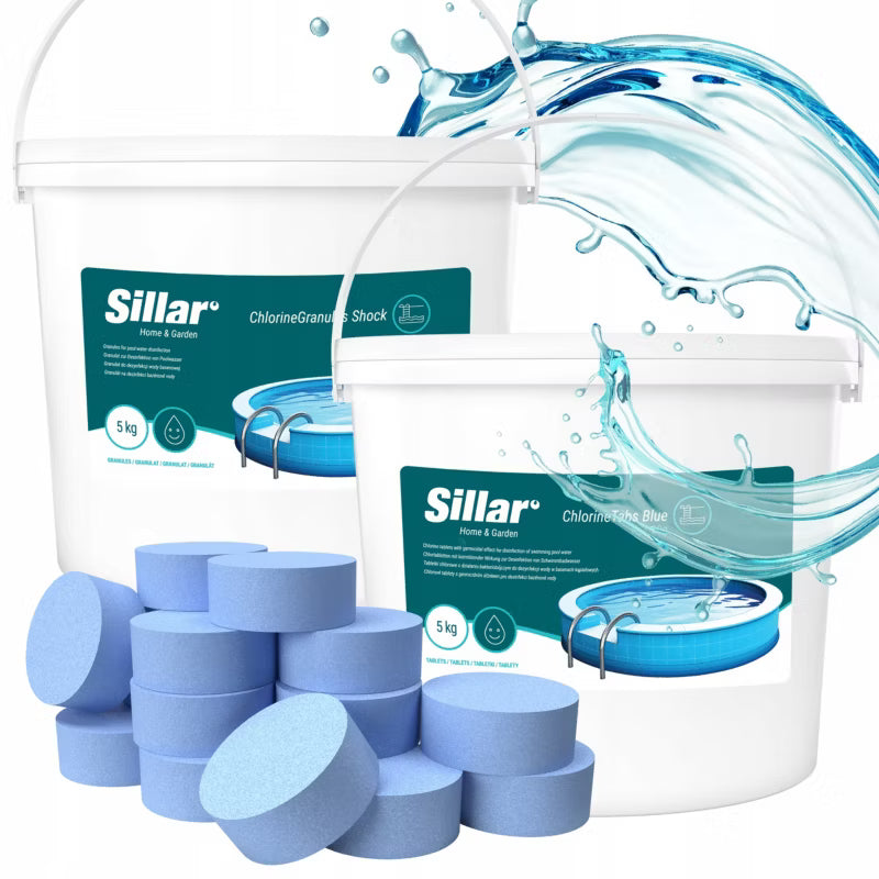 Poolkemi Sæt Chlortabletter 20g 5 kg og Chlorkorn 5 kg
