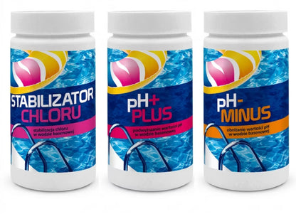 Poolkemi Sæt Klorstabilisator 1 kg pH Plus 1 kg pH Minus 1,5 kg