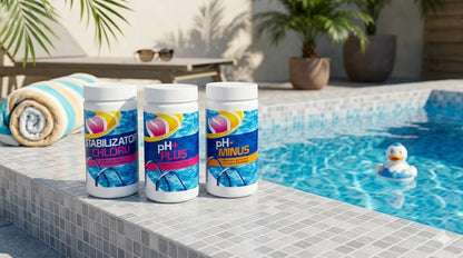 Poolkemi Sæt Klorstabilisator 1 kg pH Plus 1 kg pH Minus 1,5 kg