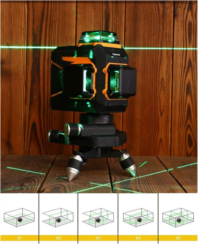 DEKO 3D planlaser med 360° krydslaser i grøn farve, 1 sæt