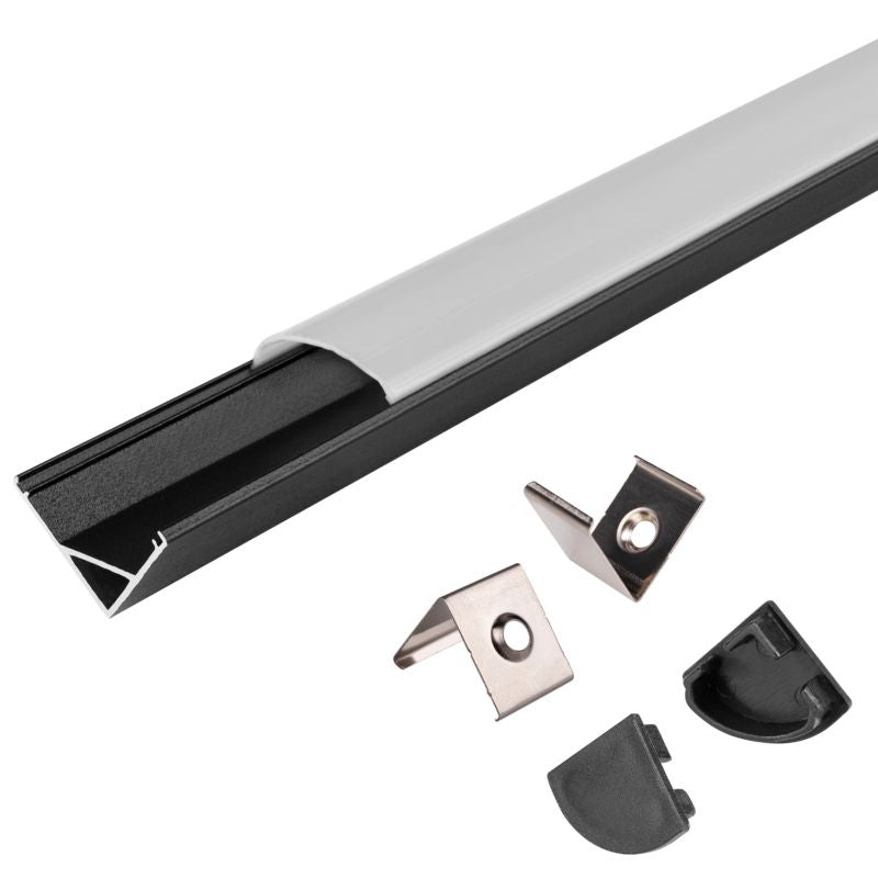 XUDO hjørne LED-profil 2 m mat-sort med mælkehvid skærm, 1 stk.