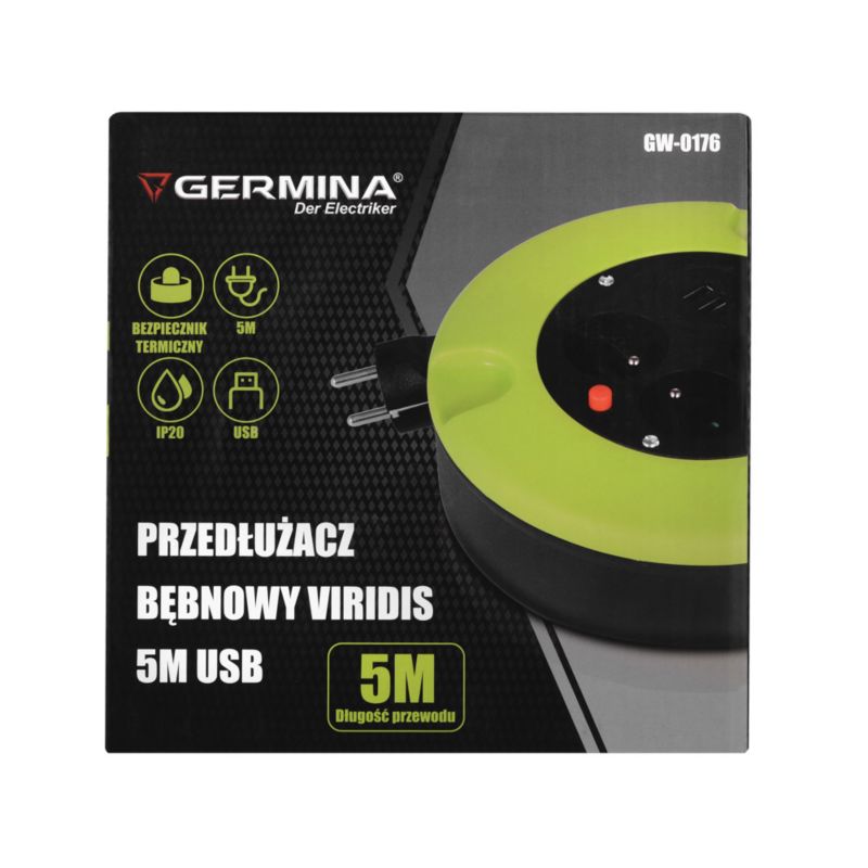 Germina kabeltromle 5 meter med USB, 1 stk.
