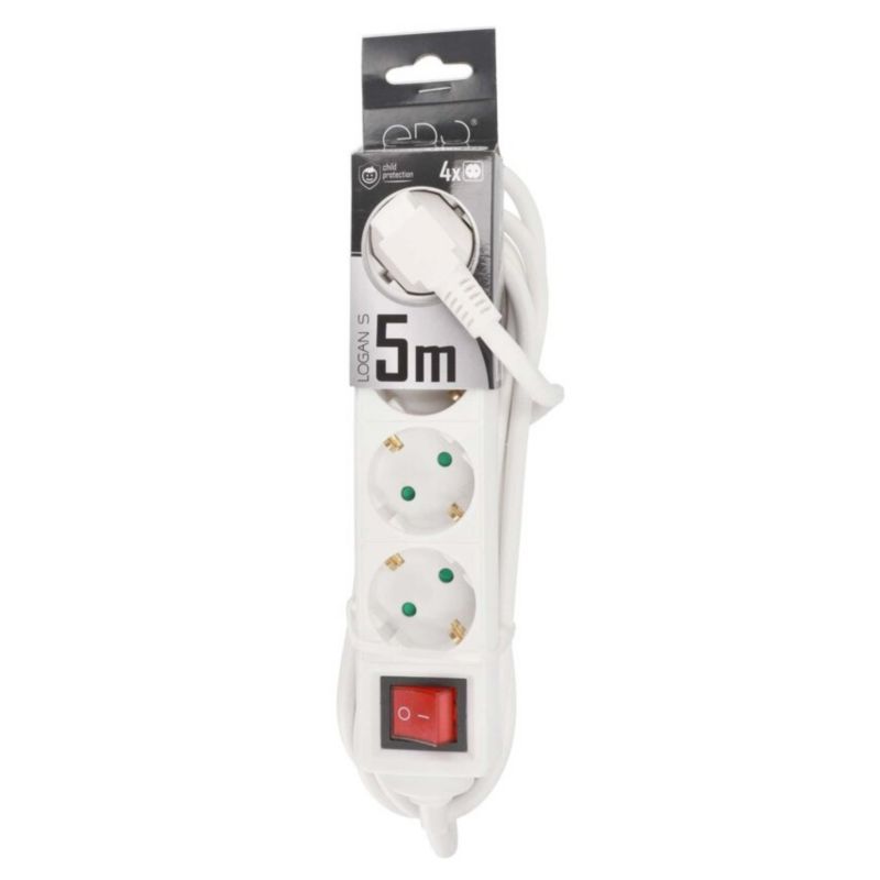 Edo Logan S White 4-vejs bærbar forlængerledning med Schuko-stik, 5 m, med afbryder EDO777579, 1 stk.