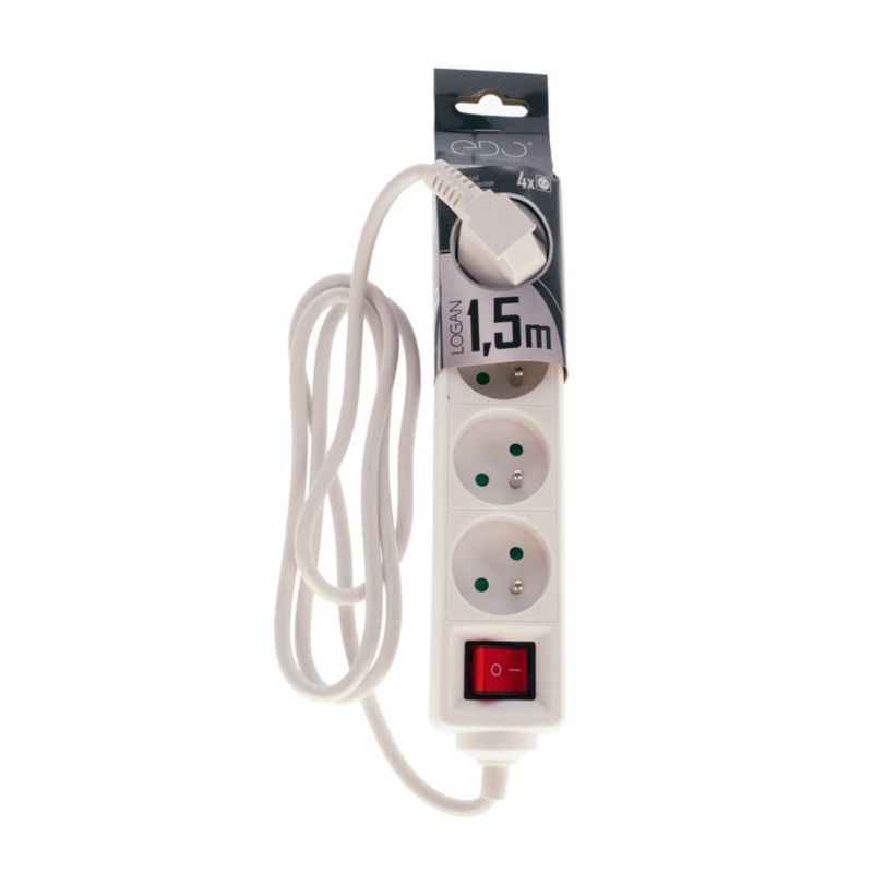Bærbar hjemmepowerstrip Edo Logan White 4-vejs med jord og afbryder 1,5 m, 1 stk.