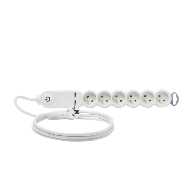 Diall boligforlængerledning med 6 jordede stik og 2 m kabel, 2 x USB