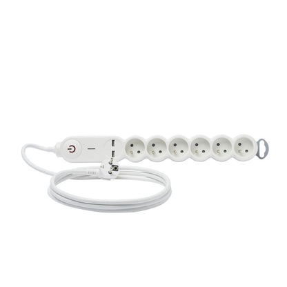 Diall boligforlængerledning med 6 jordede stik og 2 m kabel, 2 x USB