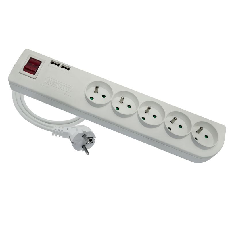 Elgotech boligforlænger med 5 stik og 2 USB-porte, hvid