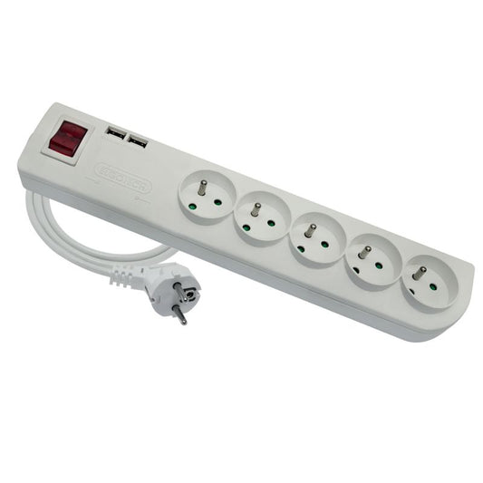 Elgotech boligforlænger med 5 stik og 2 USB-porte, hvid