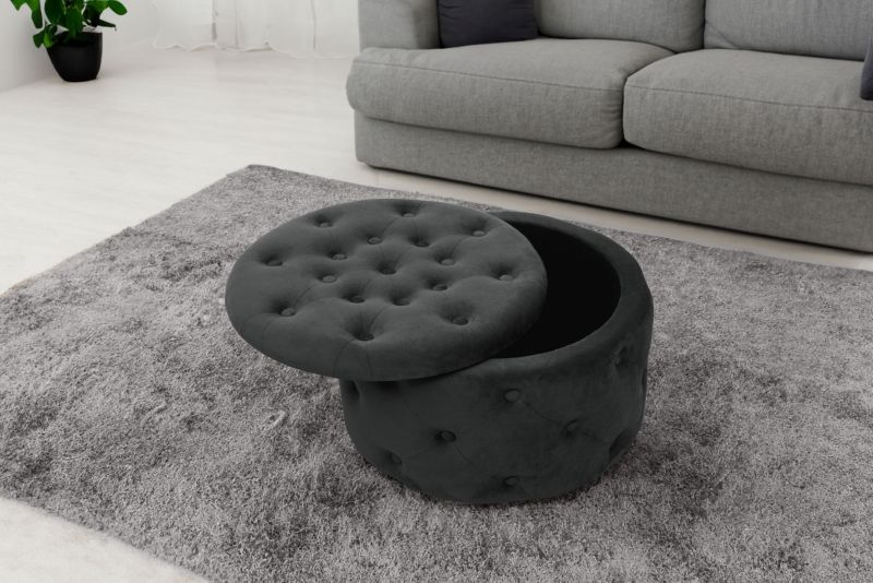 Rund velour-puf med opbevaring Akord Alia sort 1 stk.