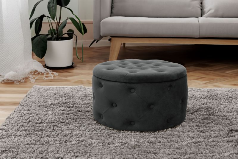Rund velour-puf med opbevaring Akord Alia sort 1 stk.