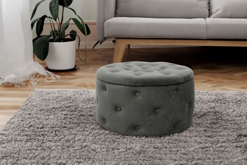 Rund velour-puf med opbevaring Akord Alia grå 1 stk.