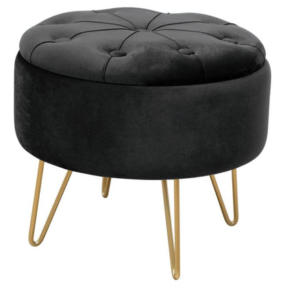 Rund velour-puf med opbevaring, quiltet Akord CARO sort, 1 stk.