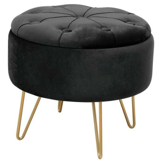 Rund velour-puf med opbevaring, quiltet Akord CARO sort, 1 stk.