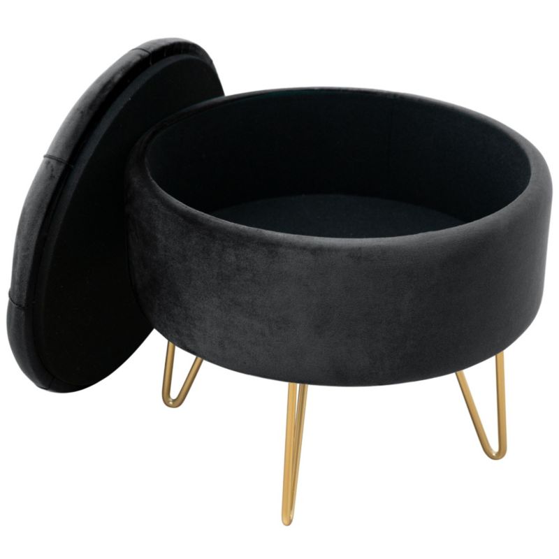 Rund velour-puf med opbevaring, quiltet Akord CARO sort, 1 stk.
