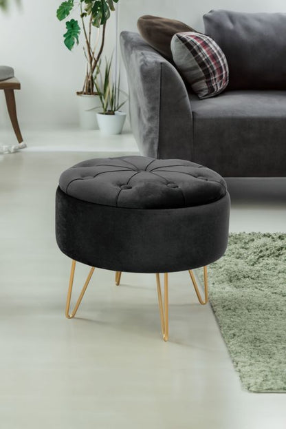 Rund velour-puf med opbevaring, quiltet Akord CARO sort, 1 stk.