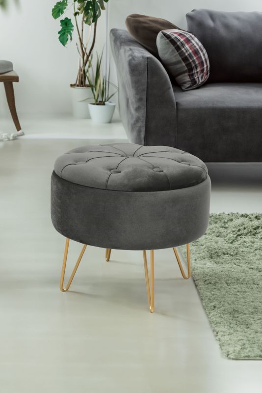 Rund velour-puf med opbevaring, quiltet Akord CARO grå 1 stk.