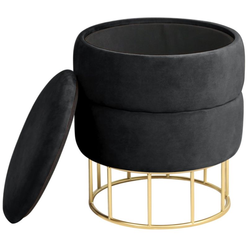 Rund velour-puf med opbevaring Akord Elza sort 1 stk.