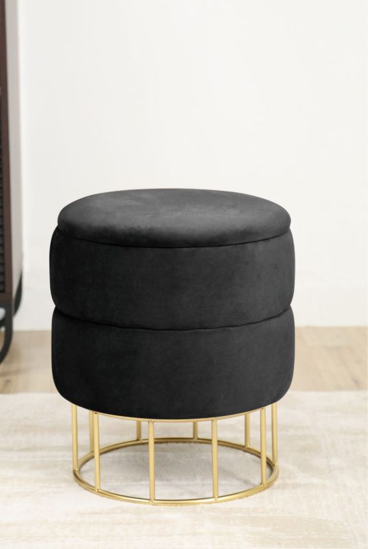 Rund velour-puf med opbevaring Akord Elza sort 1 stk.