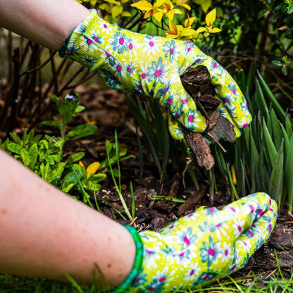 VERTO havehandsker med nitrilbelægning, blomsterprint, str. 8, grøn, 1 par