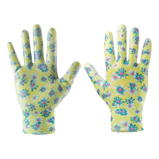 VERTO havehandsker med nitrilbelægning, blomstermønster, str. 9, grøn, 1 par