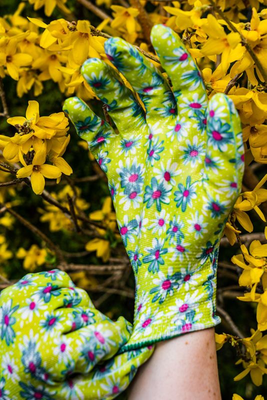 VERTO havehandsker med nitrilbelægning, blomstermønster, str. 9, grøn, 1 par