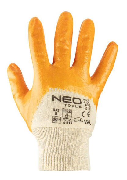 NEO TOOLS arbejdshandsker i bomuldsflannel med nitrilbelægning, str. 8, hvid-gule, 1 par