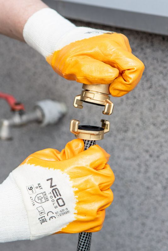 NEO TOOLS arbejdshandsker i bomuldsflannel med nitrilbelægning, str. 8, hvid-gule, 1 par