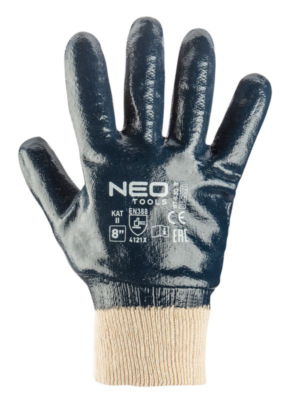 NEO TOOLS arbejdshandsker i bomuldsflannel med nitrilbelægning, str. 8, marineblå, 1 par