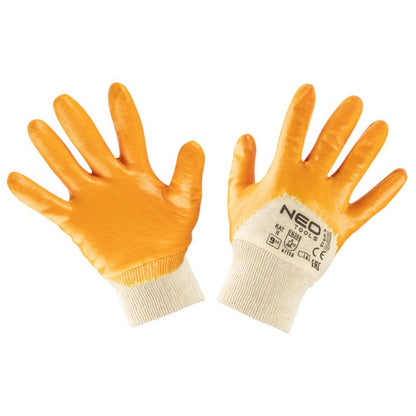NEO TOOLS arbejdshandsker i bomuldsflannel med nitrilbelægning, str. 9, hvid-gule, 1 par